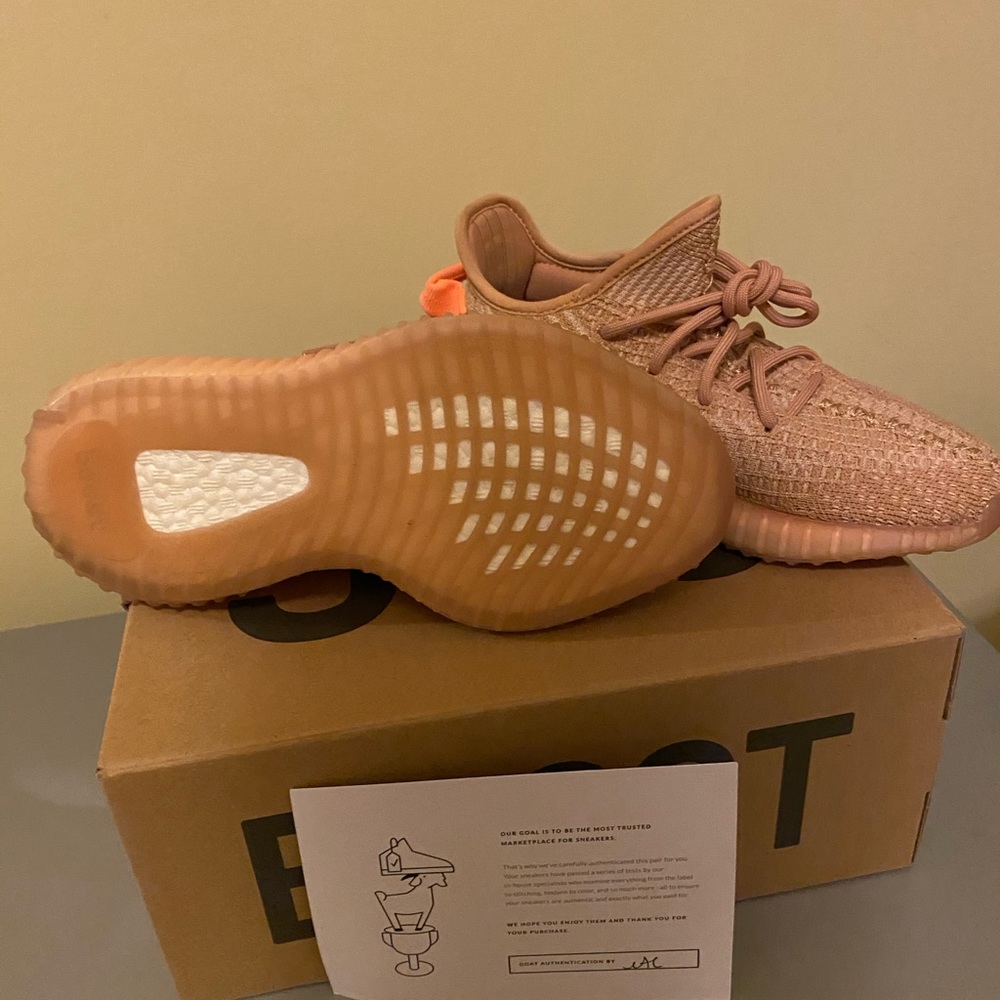 Yeezy Knit Sneakers in Tan with Orange Pull Tab - Picture 2 of 3